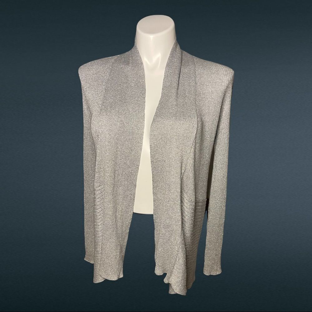 Verve ami Women's Open Front Gray Silver Metallic Shimmer Cardigan Sweater‎ S